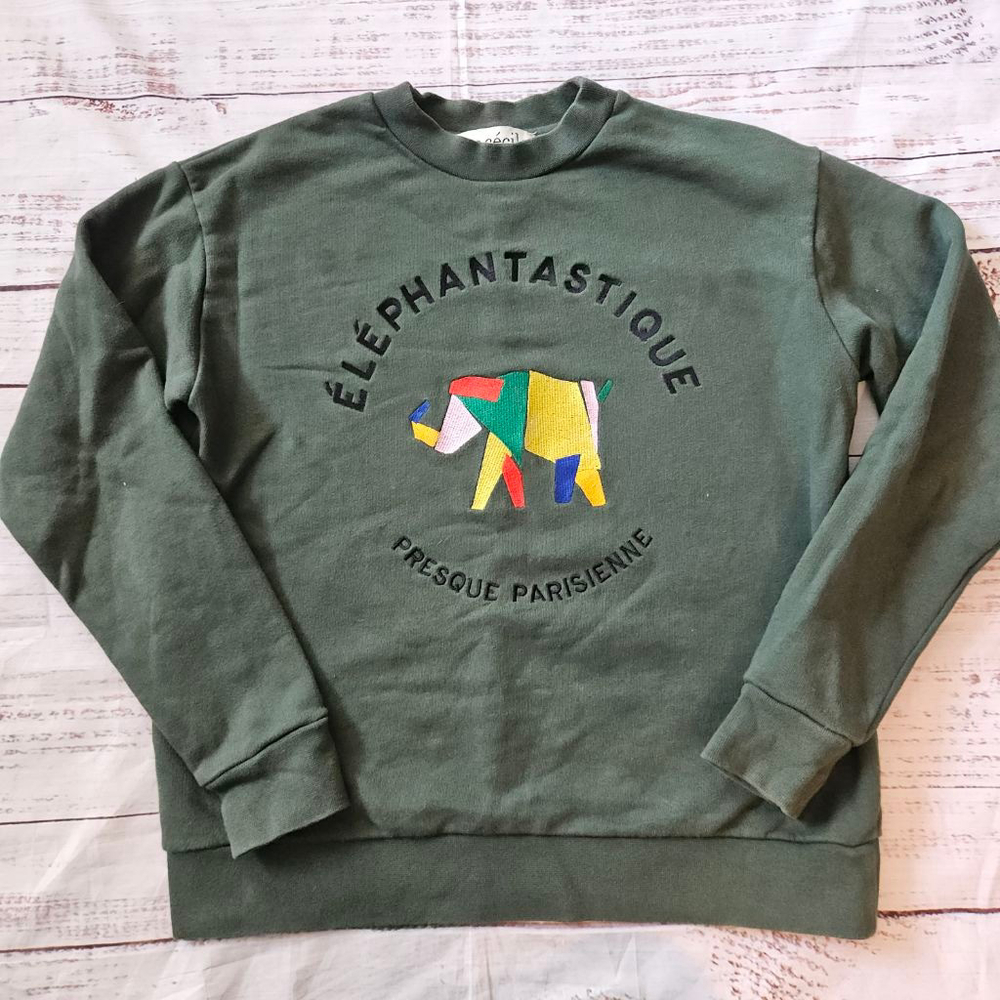 Etre Cecile Elephantastique Green Cotton Geometric Crewneck Sweater Womens XS